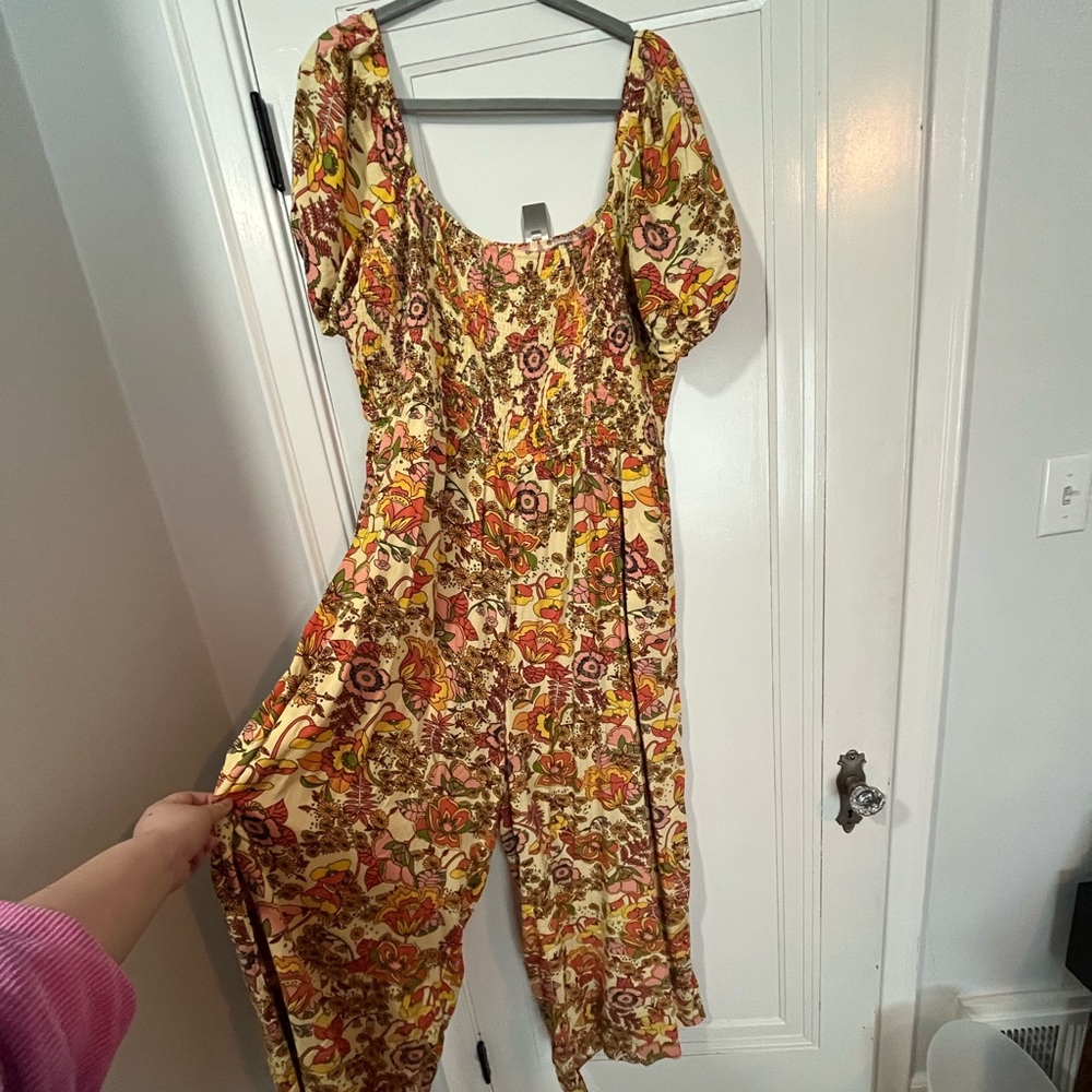 Cider Yellow and Red Floral Jumpsuit with Balloon Sleeves